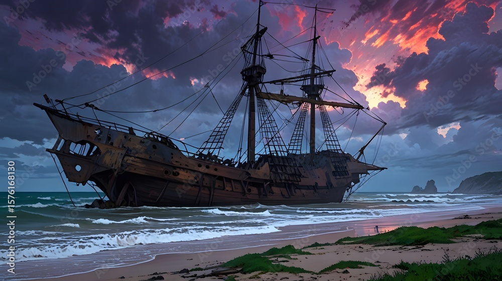 Obraz premium Traces of a Great Expedition: An old, beached sailing ship on a secluded shore, its weathered hull showing the marks of long voyages. Its sails are tattered and masts broken, yet its silhouette remain