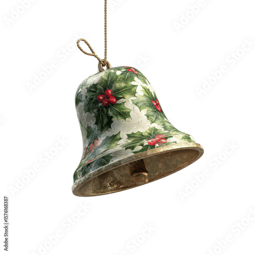 Vintage Holly Bell Ornament Hanging Against a Green Background
