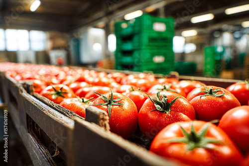 Carton de tomates fraiches sur le tapis roulant du producteur