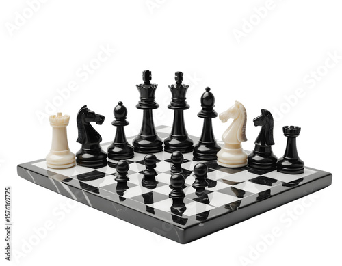Full chess set on a marble chessboard