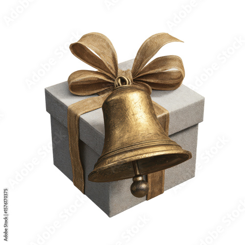 Elegant Gold Bell on a Gift Box - Christmas Present Concept