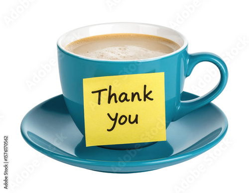 A blue coffee cup filled with coffee sits on a matching saucer, featuring a yellow sticky note with the handwritten message 