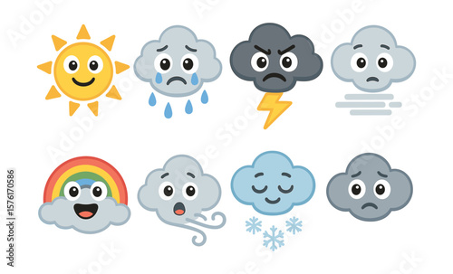 Cute weather icons: sun, rain, storm, fog, rainbow, wind, snow