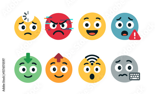 Colorful emoji set illustrating technology concepts for digital communication
