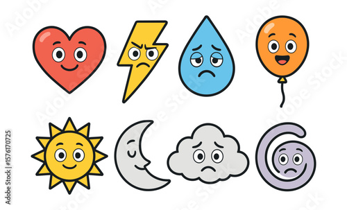 Colorful cartoon emoticon set featuring heart, lightning, water, balloon, sun, moon, cloud, and curl