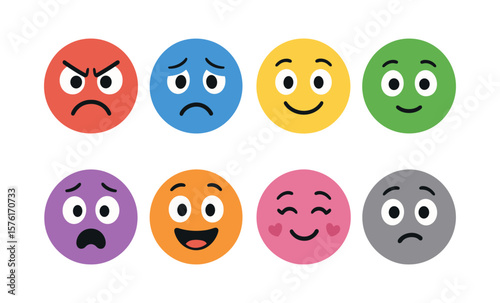 Variety of emoji faces expressing diverse emotions in colorful circles