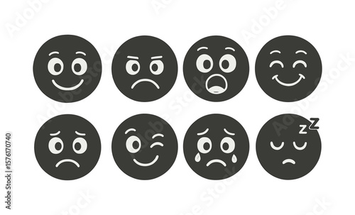 Minimalist cartoon emotion faces with various expressions in black and white
