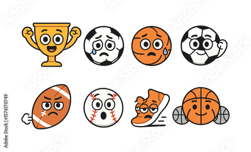Sport-themed emoticon collection featuring cartoon faces with playful expressions