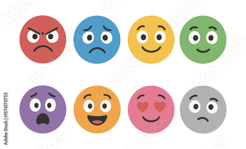Colorful emoji faces displaying a range of emotions on a white background