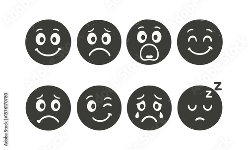 Diverse facial expressions emoticons set: happy, sad, surprised, sleepy cartoon faces