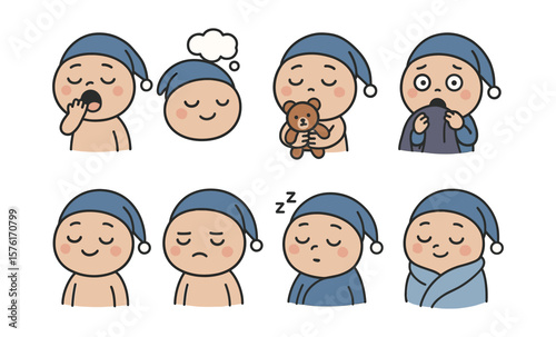 Adorable baby in different sleepy expressions with nightcap and blanket