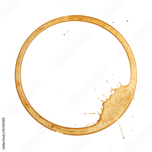 A circular coffee stain with splatters on one side, showing a natural ring shape and texture.