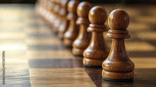 A wooden chess board with a row of pawns in a strategic formation on a wooden table.