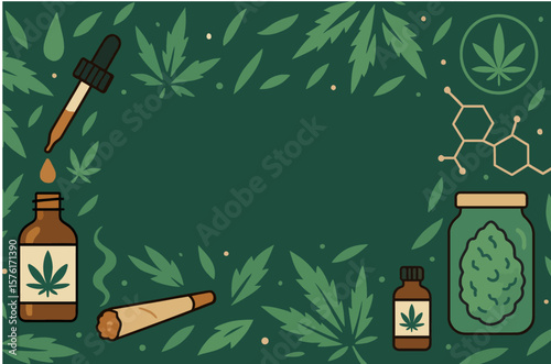 Cartoon Cannabis Background Vector Illustration – Marijuana Leaves, Oil, Joint, and Jar Frame