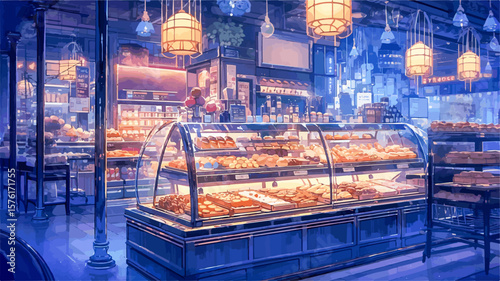 Tempting pastries displayed in a bakery display case under warm lights, creating a cozy and inviting atmosphere