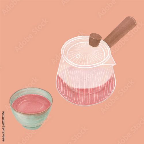 Traditional black tea set, glass kettle and teacup