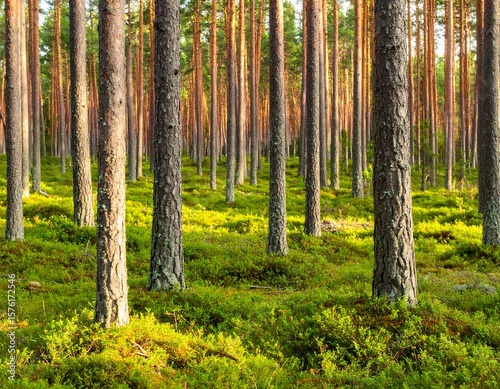 Pine forest floor bathed in sunlight