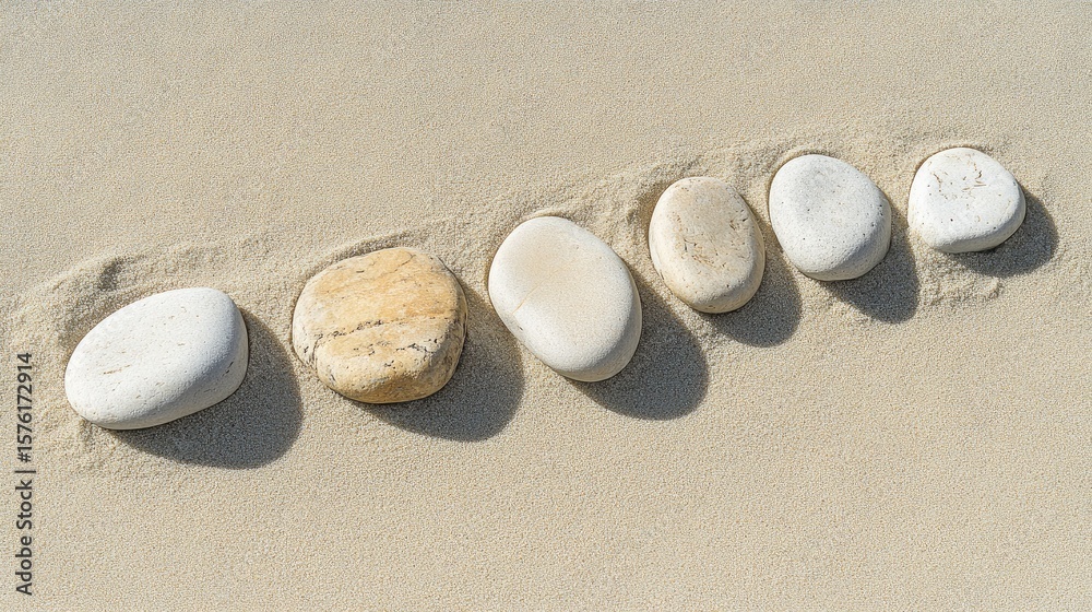 Obraz premium Smooth stones arranged in a line on light sand.