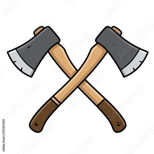 Two axes are crossed with lightbrown handles and darkgray heads with a white edge