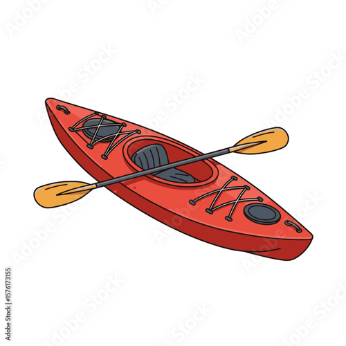 Red kayak with paddle Has black cords and a gray seat
