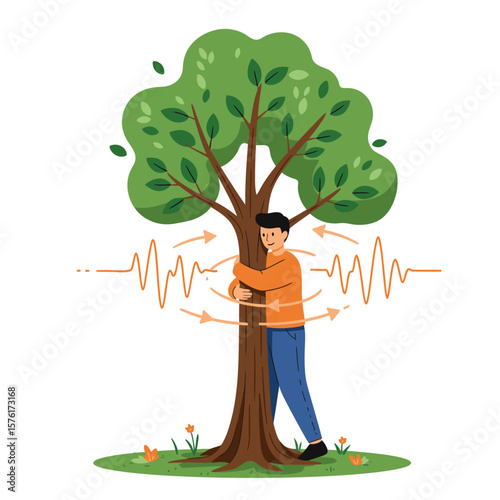 Man hugging a tree orange arrows around it on a grassy area with flowers