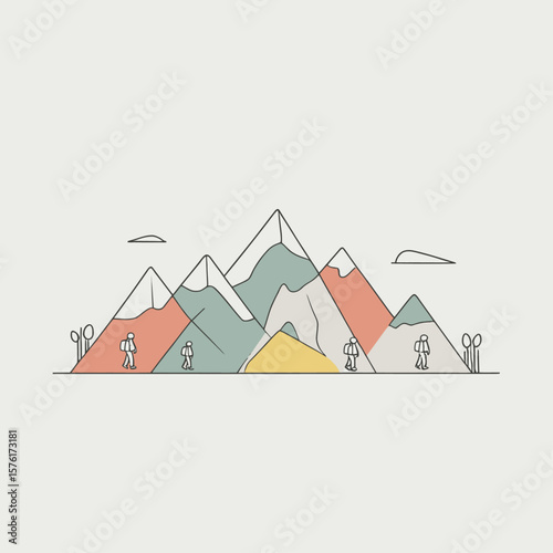 Linear illustration of colorful mountains hikers trees and clouds on a neutral background