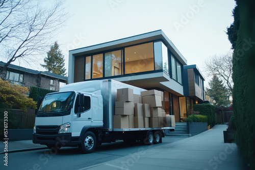 Moving truck parked outside a modern house with boxes and a man standing nearby on a cloudy day