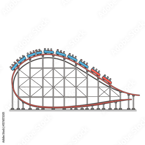 A cartoon illustration of a red  gray rollercoaster going down a hill carrying blue  red carts with passengers