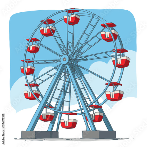 A blue Ferris wheel with red gondolas stands against a sky blue background dotted with white clouds