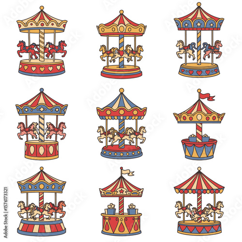 Array of nine colorful oldfashioned carousel illustrations with decorative horses and ornate details arranged in a 3x3 grid