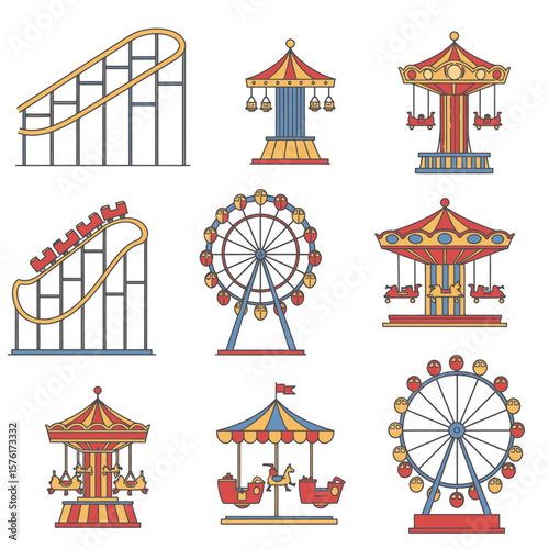 Amusement park rides two roller coasters three carousels three Ferris wheels in an organized 3x3 grid