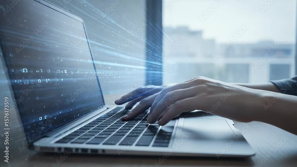 Hands typing on laptop with data overlay