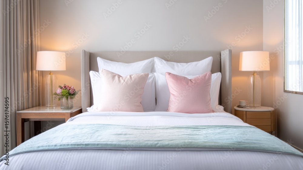 Obraz premium A beautifully arranged modern bedroom with soft lighting, pastel pillows, and elegant decor for a serene atmosphere.