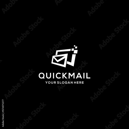 Quick mail logo with a rocket and envelope flying	