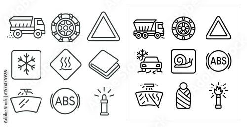Collection of icons for various road signs and symbols. The icons include a stop sign, a yield sign, a speed limit sign, a construction sign, a tire symbol, and a truck