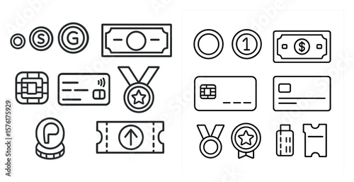 Collection of various symbols and icons, including coins, a dollar bill, a credit card, and a ticket. Scene is one of financial transactions and travel