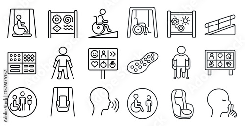 Series of icons depicting various aspects of accessibility and handicap awareness. The icons include a wheelchair, a sign, a person with a cane, a person with a walker, a person with a hearing aid