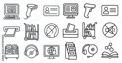 Collection of icons for various items such as books, computers, and electronics. The icons are all in black and white and are arranged in a grid