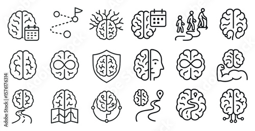 Series of brain icons with a calendar and a person walking. The icons are all connected to each other and show a progression of ideas