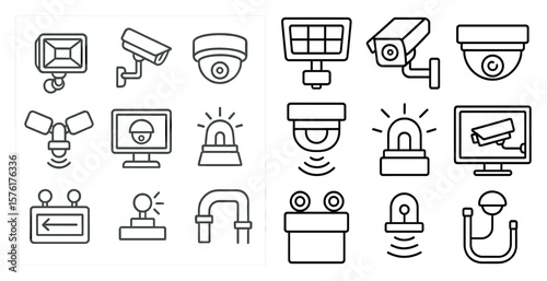 Set of black and white icons for security and surveillance. The icons include a camera, a microphone, a keypad, a computer monitor, and a TV. Scene is serious and focused on security