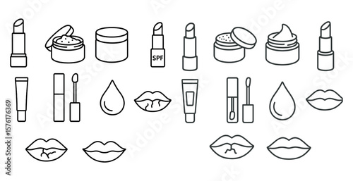 Collection of cosmetics, including lipsticks, lip glosses, and lip balms. The collection is organized in a grid-like pattern, with each item placed next to its corresponding item