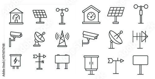 Collection of icons for various things like weather, security, and communication. The icons are all in black and white and are arranged in a grid