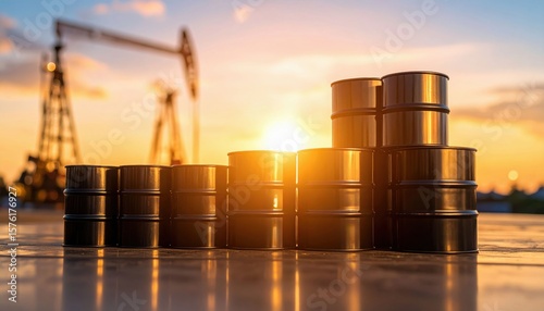 Oil barrels stacked in ascending order with oil pumps in the background during sunset, symbolizing energy production and the oil industry.