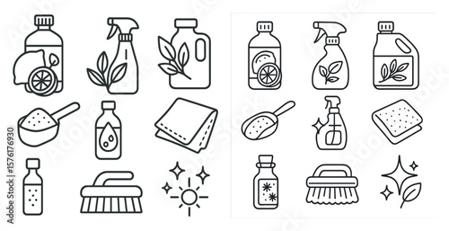 Set of cleaning supplies with a white background. The supplies include a bottle of dish soap, a bottle of window cleaner, a bottle of all purpose cleaner, a bottle of floor cleaner