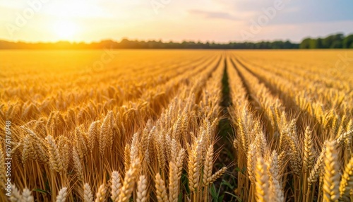 Golden wheat field at sunset with clear rows stretching towards the horizon under a soft pastel sky.