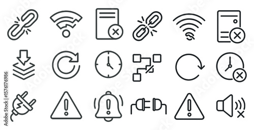 Collection of icons, including a bell, a clock, a down arrow, and a link. These icons are arranged in a grid, with some overlapping and others standing alone