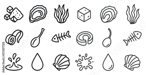 Set of food icons including fish, shrimp, and other seafood. The icons are drawn in black and white and are arranged in a grid