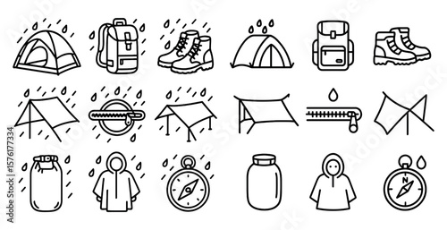 Collection of outdoor gear and camping items, including backpacks, tents, and rain gear. Scene is that of adventure and exploration, as these items are typically used for outdoor activities