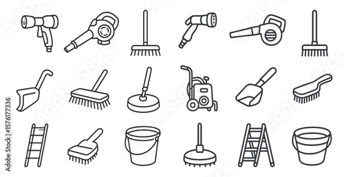 Collection of cleaning tools and equipment. The image is a collection of various cleaning tools and equipment, including brooms, mops, buckets, and vacuums. Scene is that of a busy cleaning scene