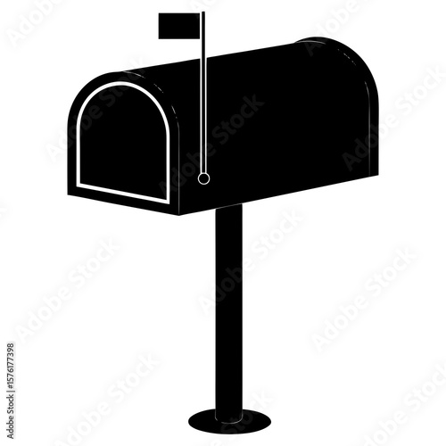 Black mailbox with curved top and flag post